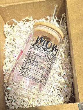 MOM Nutritional Facts Glass Tumbler with Straw - Pink Accents
